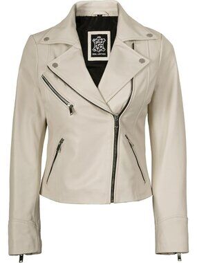 Women’s Real Lambskin Leather Asymmetrical Moto Biker Jacket-Off White
